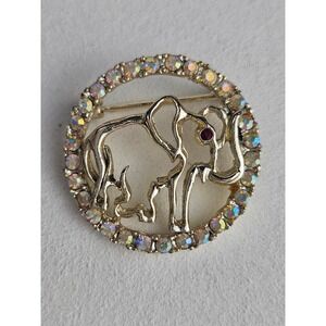 Signed SEARS Elephant Rhinestone Circle Brooch Gold Tone AB
